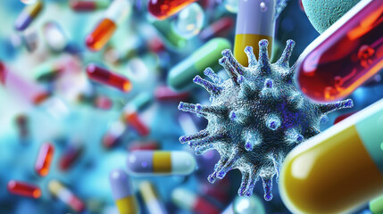 coronavirus in abstract background with colorful pills. Microscopic view of virus infection, pandemic disease cell biology research, medical science health