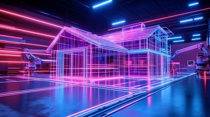 Fototapete - A futuristic factory with robotic arms building a house made of glowing neon lines.