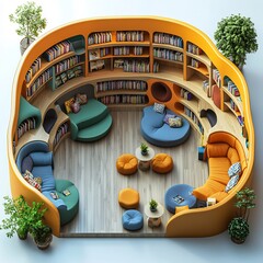 Poster - Playful children's library layout vibrant chairs cozy reading alcoves and interactive learning zones 3D render from top view floor plan isolated on clean white background