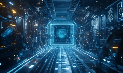 Poster - A futuristic hallway with glowing blue lines and a large glowing blue square at the end of the hallway.