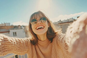 Wall Mural - A woman in a sweater and sunglasses takes a selfie, perfect for social media or personal use