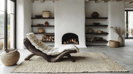 Poster - Organic modern home a white wall dark wooden shelves a Danishdesigned lounge chair a simple fireplace rustic dcor accents and a cozy farmhouse rug spread across the floor