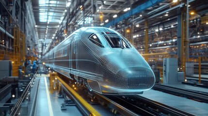 Aufkleber - A futuristic high-speed train is shown in a manufacturing facility.