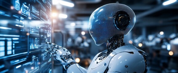 Aufkleber - A futuristic robot with a white and metallic body interacts with a digital interface in a modern technological environment.