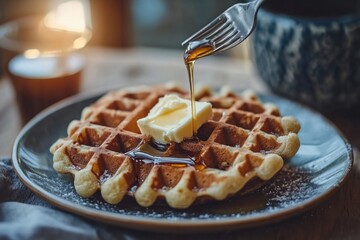 A plate of crispy waffles topped with melted butter and drizzled with sweet syrup