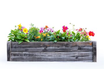 A wooden planter filled with vibrant and colorful flowers