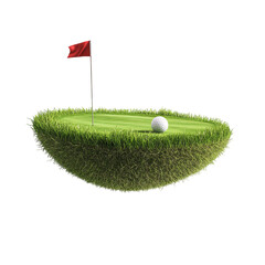 A golf ball and a red flag sitting on an isolated hemisphere golf grass ground in isolated background