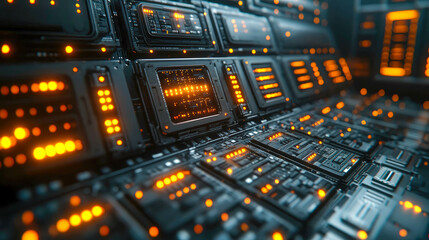 Poster - Close-up of a futuristic data server with bright orange LED indicators. The image highlights the technological details of high-end computer servers in a data center