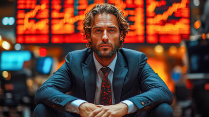 A businessman intensely focused, with a stock market graph reflected in the background, symbolizing financial market trends and corporate strategy