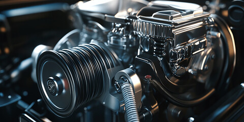 Close-up of a modern car engine, highlighting advanced automotive engineering and high-performance mechanical components.