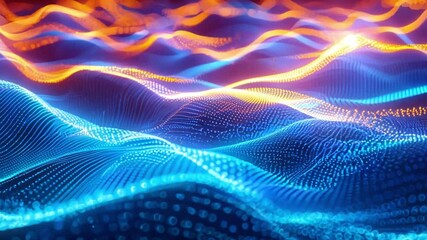 Poster - Colorful abstract waves created by digital light patterns in a vibrant display of blue and orange hues