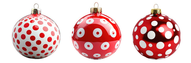 This delightful Christmas tree ornament set showcases three stunning designs adorned with lively red and white polka dots, perfect for enhancing holiday cheer and festive decor