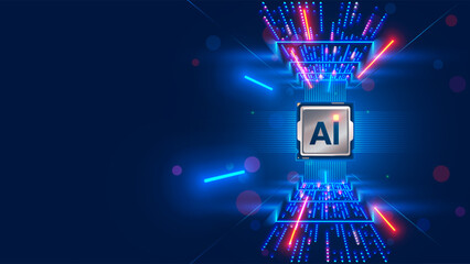 Leinwandbilder - Processor with integration AI. AI Letters on chip. CPU connected to data storage. Artificial intelligence technology in electronic chip. Data processing by artificial intelligence chip. AI hardware.