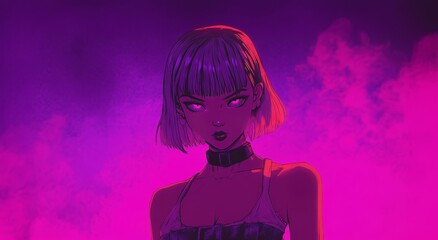 Retro girl with short neon hair and colorful glow