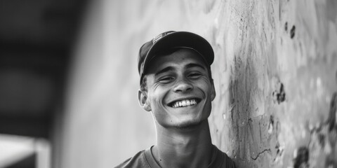 A smiling man in a black and white photo