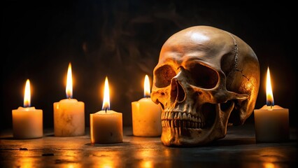 Skull with candles on black background extreme close-up