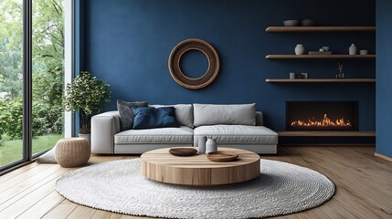 Poster - Scandinavianstyle living room a grey fabric sofa light birch wood coffee table navy blue accent wall minimalist open shelves and a cozy white rug in front of a sleek fireplace