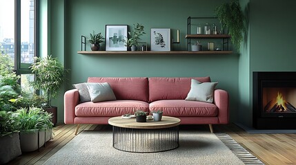 Poster - Scandinavian apartment a pink velvet sofa natural oak coffee table beige rug brass wall shelves with decor items light green walls and a modern black fireplace for a cozy atmosphere