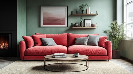 Poster - Scandinavian apartment a pink velvet sofa natural oak coffee table beige rug brass wall shelves with decor items light green walls and a modern black fireplace for a cozy atmosphere