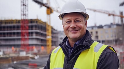 A seasoned European man in his forties smiles confidently while wearing a hard hat and safety vest at a bustling construction site with cranes in the background.