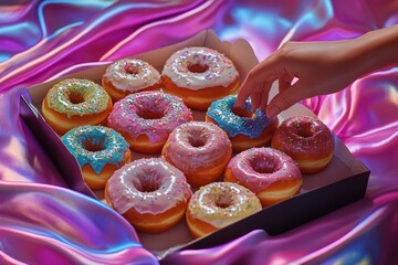 Wall Mural - Freshly baked donuts topped with colorful sprinkles, perfect for breakfast or as a sweet treat