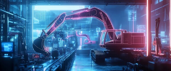 Fototapete - A neon-glowing outline of an excavator in a futuristic factory setting.