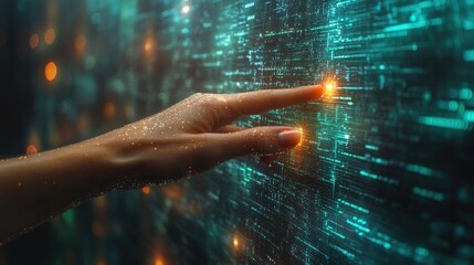 A hand reaching out and touching a glowing digital screen with a futuristic interface.