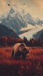 © Liisa - 70s-style poster of an Alaskan grizzly bear walking through the grass, with a mountain in the background