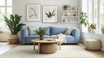 Poster - Scandinavian living room a pastel blue sofa light oak wood coffee table and minimalist white shelving soft beige rug with natural light pouring in through large windows
