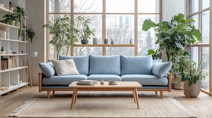 Poster - Scandinavian living room a pastel blue sofa light oak wood coffee table and minimalist white shelving soft beige rug with natural light pouring in through large windows