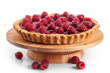 Sticker - Freshly baked raspberry pie on a wooden stand with fresh raspberries, perfect for a summer dessert or snack