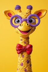 Colorful cartoon giraffe character with glasses on yellow background