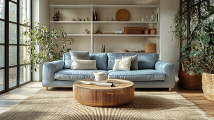 Poster - Scandinavian living room a pastel blue sofa light oak wood coffee table and minimalist white shelving soft beige rug with natural light pouring in through large windows