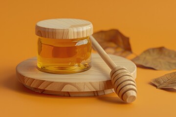 A jar of honey with a wooden spoon nearby, perfect for baking or cooking