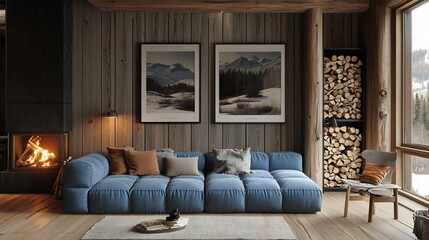 Poster - Swedish farmhouse interior featuring cozy blue sofa light wooden floor rustic fireplace with firewood stacked Danishstyle furniture and large framed poster artwork on the walls
