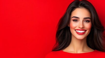 Woman with red hair and red dress smiling. She is wearing red lipstick. a beautiful femal emodel in a neat red outfit smiling against a red background