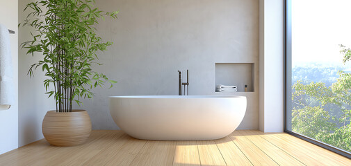 Poster - Sleek minimalist bathroom featuring expansive floor-to-ceiling windows for a refreshing and invigorating experience