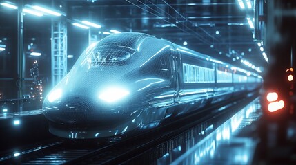 Poster - A sleek, futuristic high-speed train sits illuminated on a platform, ready to depart.