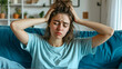 © Arvind - Young frustrated ill woman she 20s wear casual clothes mint t-shirt holding head suffer from headache