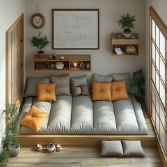 Fototapete - Topdown 3D render of guest room with a daybed and minimalist floor plan arranged on a plain white background showcasing the efficient use of space