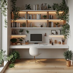 Poster - Topdown 3D render of minimalist study room with a white desk a simple chair and floating shelves in a clean floor plan set against a plain white background highlighting the design