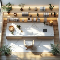 Poster - Topdown 3D render of minimalist study room with a white desk a simple chair and floating shelves in a clean floor plan set against a plain white background highlighting the design