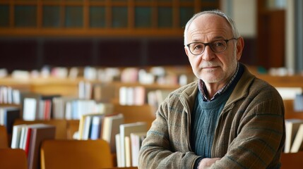 A senior male professor sits in a library, exhibiting a thoughtful demeanor. Surrounded by books, he embodies the essence of academic wisdom and experience.