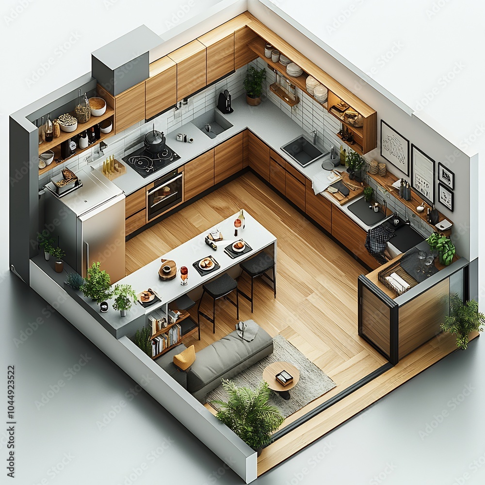 Topdown 3D render of sleek kitchen with an island open shelving system ...