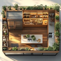 Poster - Topdown 3D render of sleek kitchen with an island open shelving system and a large fridge floor plan illustrated on a plain white background highlighting efficient use of space