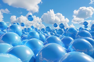 Surreal landscape of blue spheres floating in a cloudy sky. Concept of blue Monday