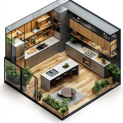 Fototapete - Topdown 3D render of sleek kitchen with a central island open shelves and a large fridge detailed floor plan displayed on a white background highlighting efficient space usage