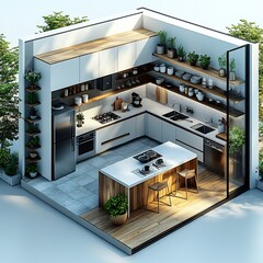 Poster - Topdown 3D render of sleek kitchen with a central island open shelves and a large fridge detailed floor plan displayed on a white background highlighting efficient space usage