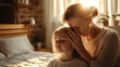 © Graphic Master - Tender Moment in a Cozy Minimalist Bedroom: Grandmother Pampering Her Young Granddaughter with a Head Massage..