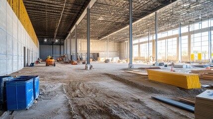 A spacious, unfinished construction site with equipment and materials scattered across the floor, showcasing an industrial environment.